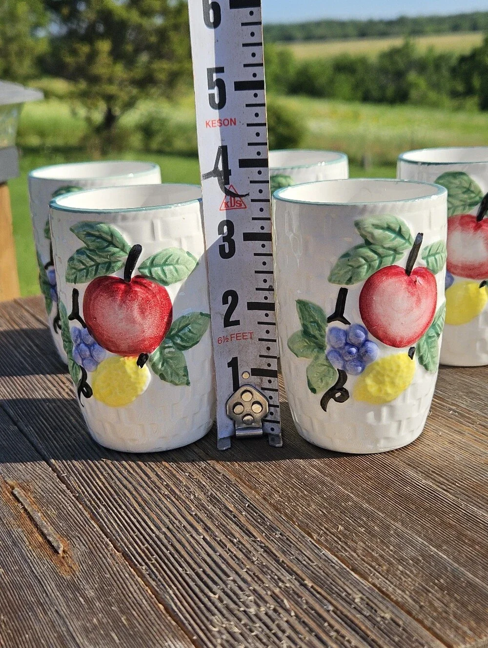 Set of 5 Vtg Japanese Ceramic Juice Cups Tumblers Basket Weave Fruit MCM Japan